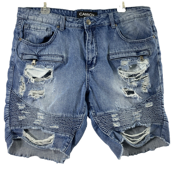 Carbon Jean Shorts Mens Size 38 Destroyed Denim Raw Hem‎ Grunge Moto Skater - Picture 1 of 11